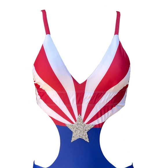 🇺🇸 American Flag One Piece Swimsuit! 🇺🇸 No-Dig waistband red white blue - Picture 7 of 8